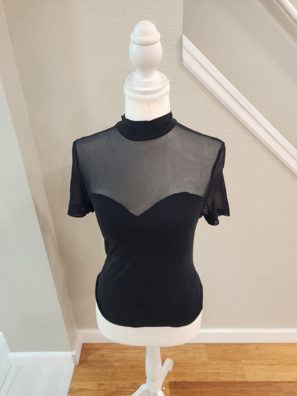 SHEIN Black Sheer Mock Neck Short Sleeve Camisole